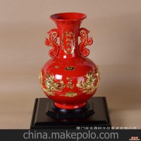 厦门摆件花瓶漆线雕 中国红葫芦瓶漆线雕 鸿运当头双龙 龙凤