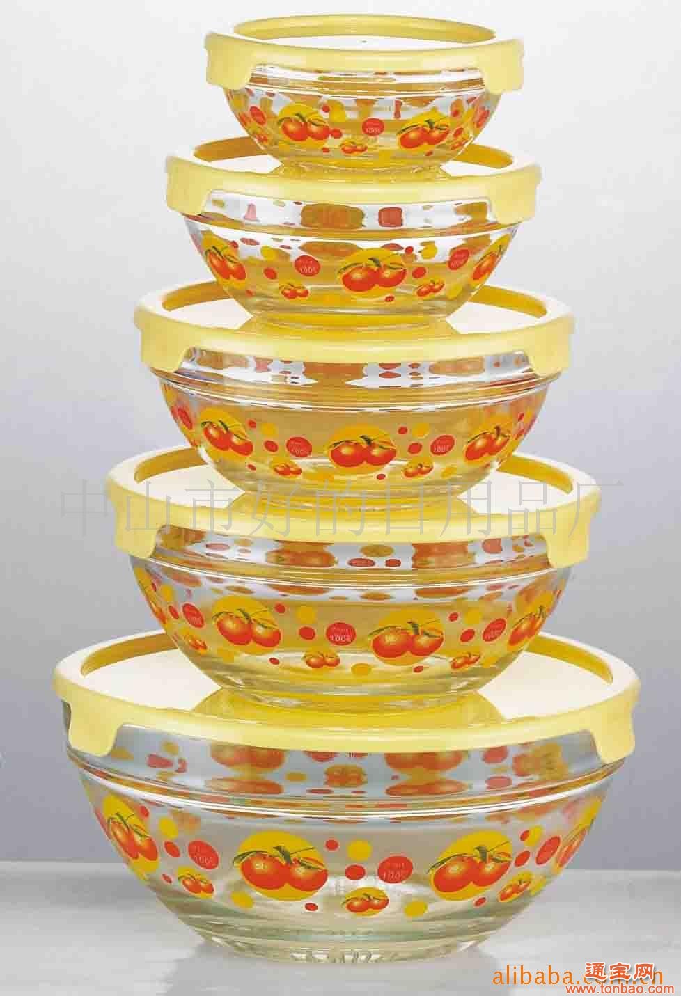 供应促销礼品 PP碗盖 五件套圆底圆形玻璃碗